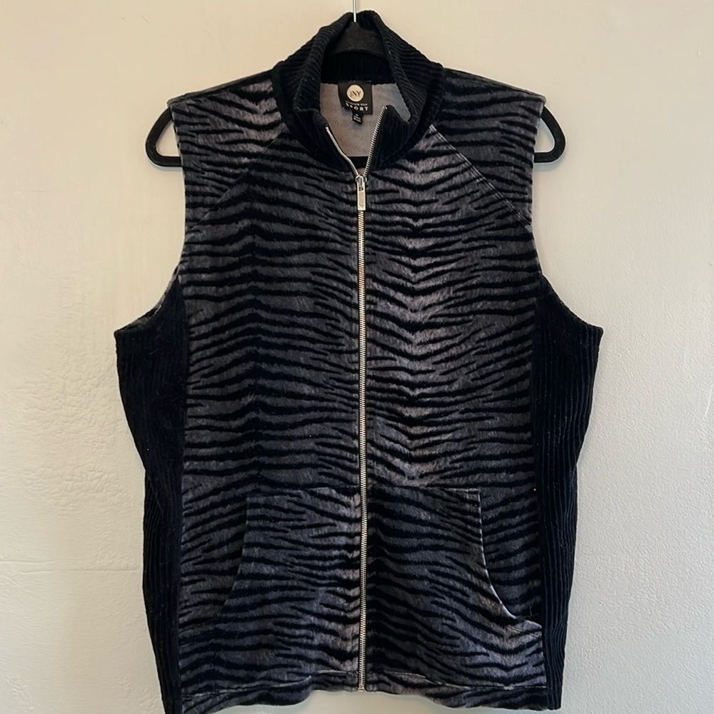 Black Animal Print JNY Sport Velour Vest XL Full Zip‎ Ribbed Sides